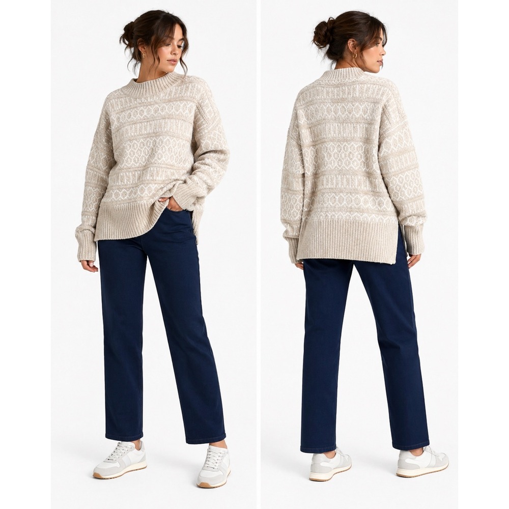 Rachel Zoe Chenille Sweater Women Large Tan White Fair Isle Mock Neck Cozy Knit